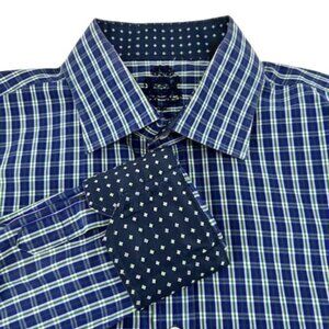 English Laundry Plaid Long Sleeve Shirt Reverse Cuff 17 34/35 Blue White Green
